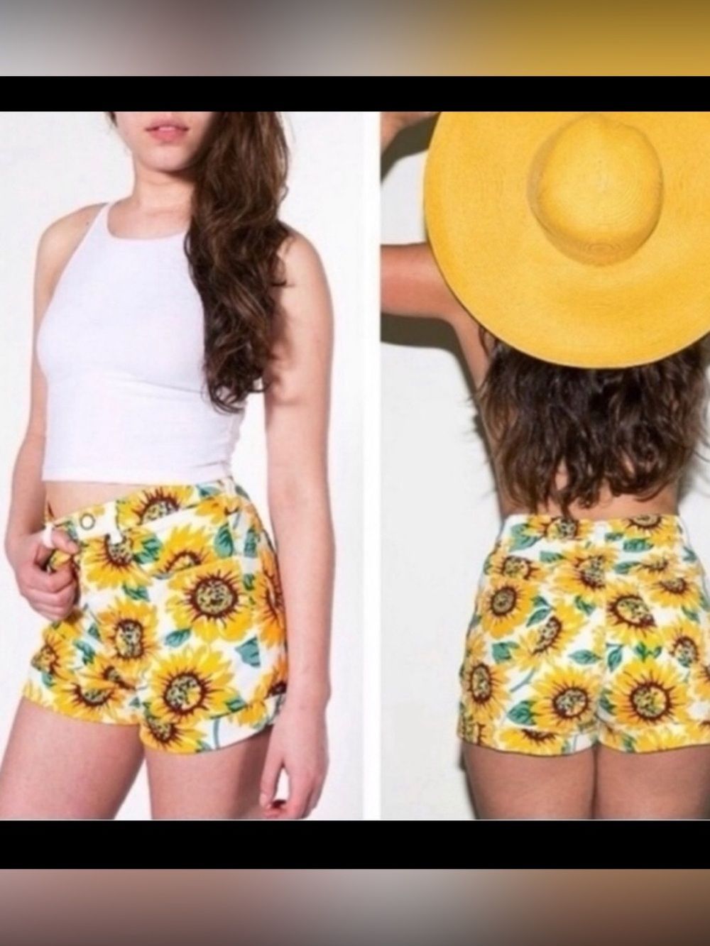 American Apparel shorts sunflower print white denim size 26 hi waist yellow